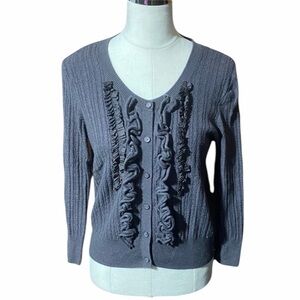 H&m Medium Gray Button Up Sweater With Ruffled Front